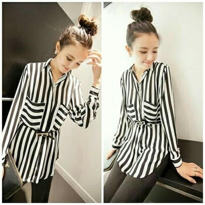 Baju Kemeja Wanita Kekinian Atasan Korea Hem Salur Yulia Katun / Baju Cewek Wanita Terbaru Modern El