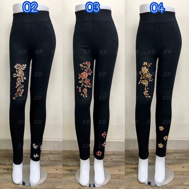 Legging Import Wanita Aplikasi Bunga Mutiara Cantik Softkatun Jumbo