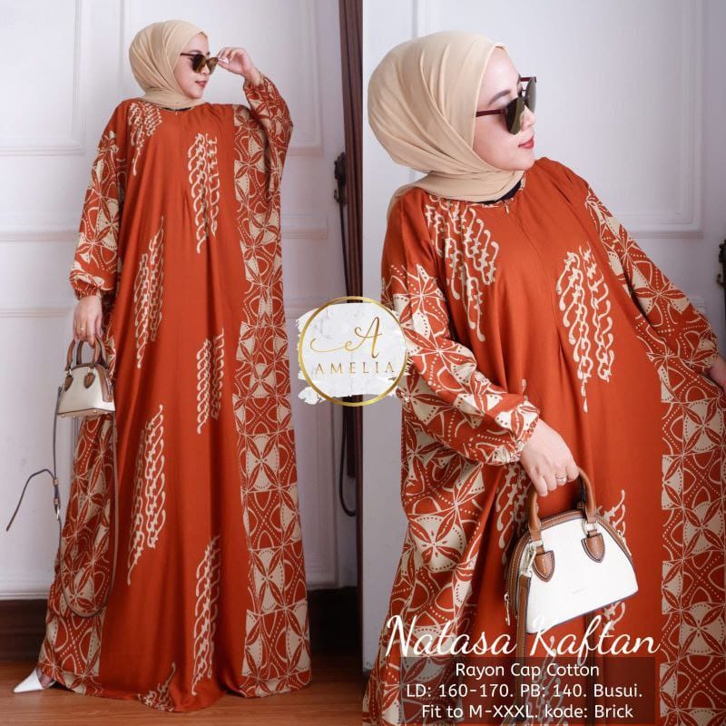 Kaftan Wanita - Natasa Kaftan Size Jumbo XXXXL Motif Sogan Zigzag by Batik AW Busui Resleting Lengan Panjang / Gamis Rayon Jumbo Kaftan Terbaru