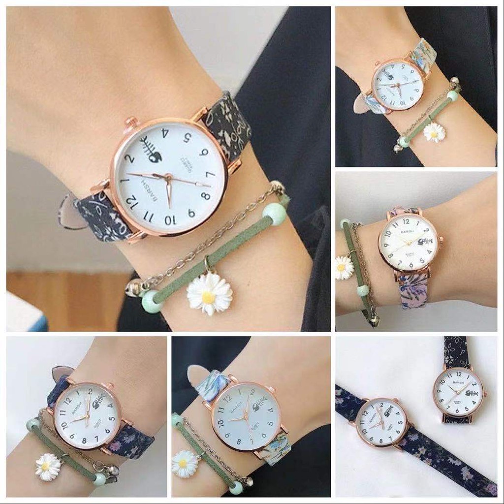 ✅Grosir Jam Senen - Jam Tangan Wanita Gaya Korea Strap Pu Bunga Motif Tulang Ikan Fashion Quartz Analog Import