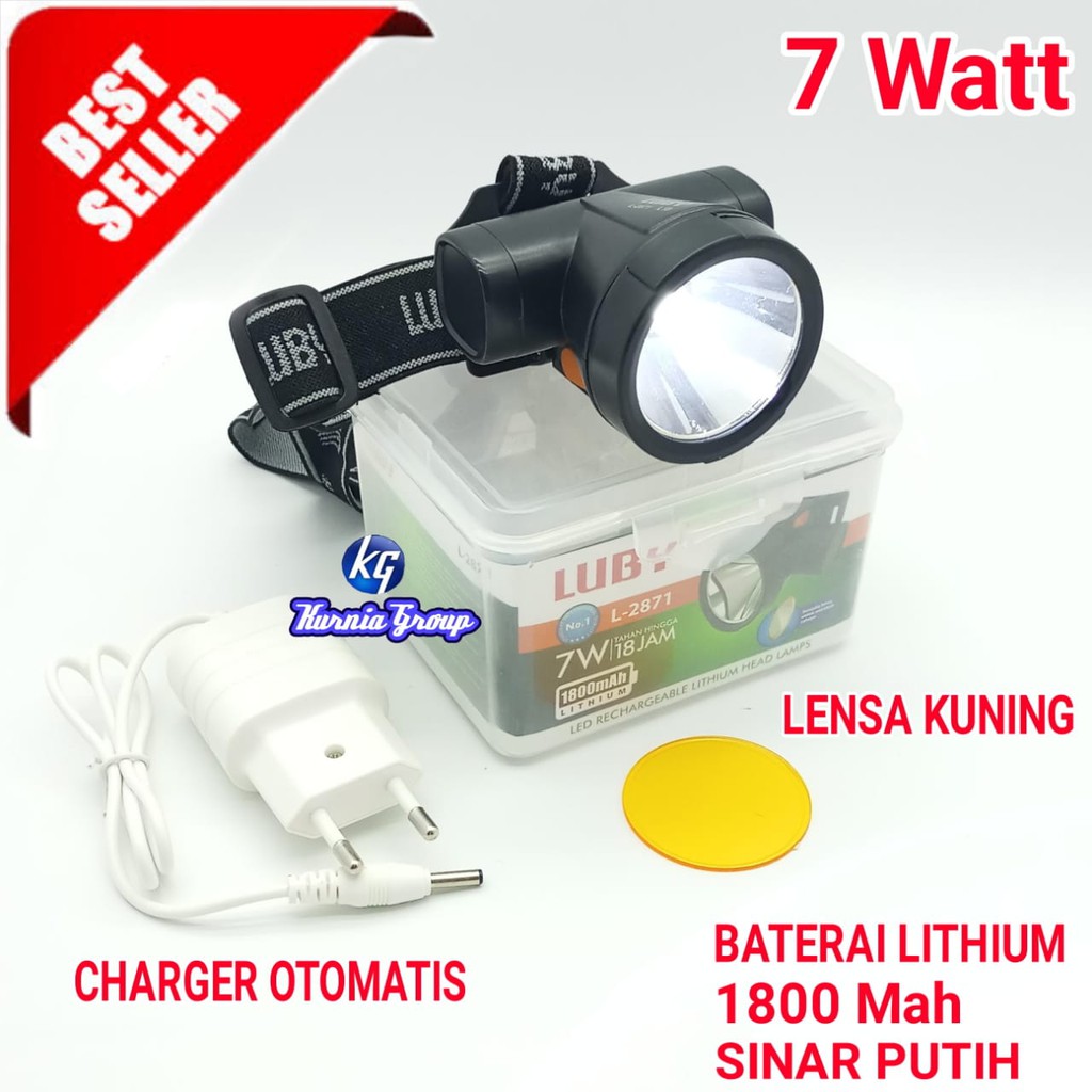 SENTER KEPALA LUBY 7W L-2871 NYALA  PUTIH KUNING CAS HEAD LAMP 18JAM BATERAI LITHIUM BELOR BERBURU