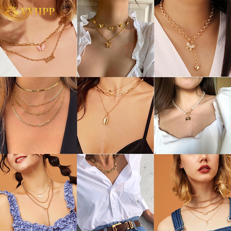 Fashion Retro Emas Kalung Korean Multi-layer Choker Lock Kupu-kupu Wanita Aksesoris Perhiasan Hadiah