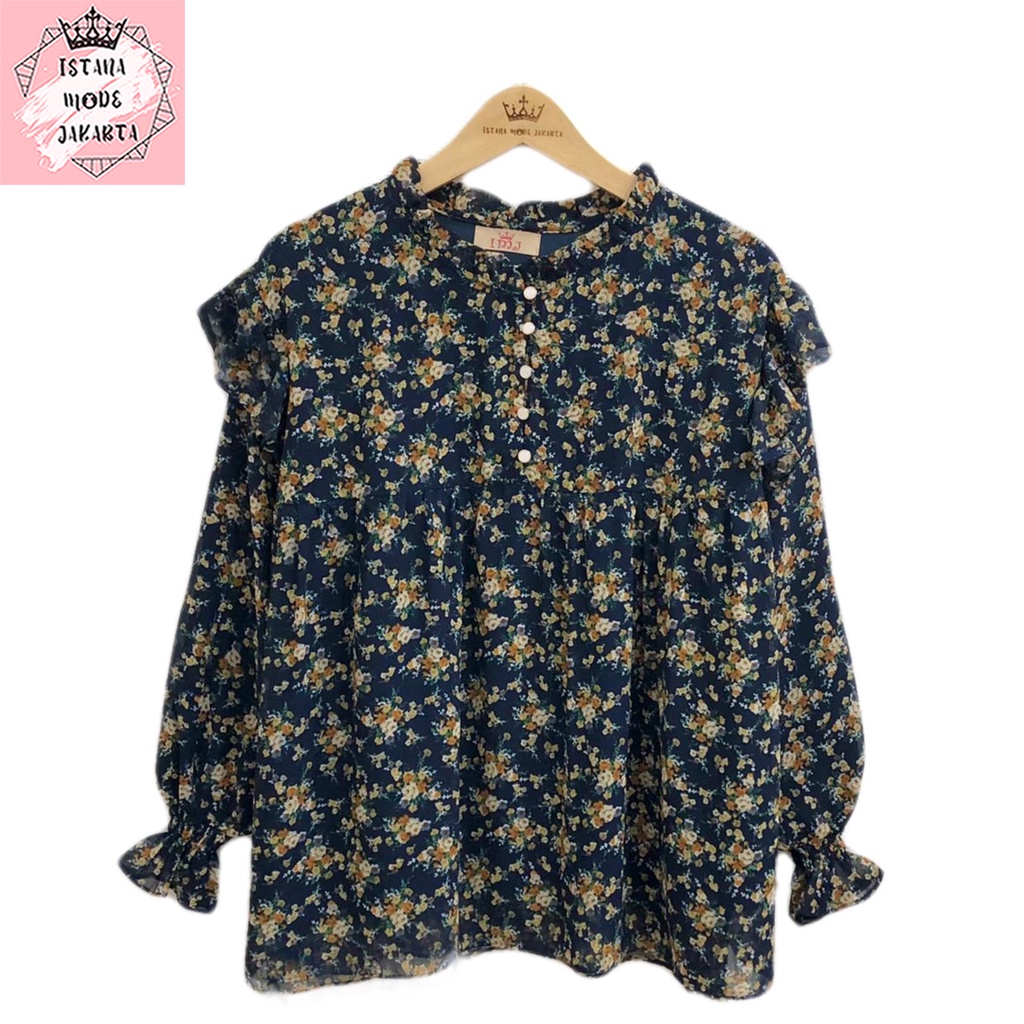 ISTANA MODE JAKARTA Zira baju atasan wanita terbaru blouse korean style blouse wanita lengan panjang-BUNGA NAVY 5