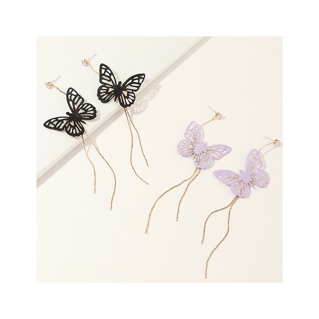 LRC Anting Tusuk Fashion Purple Butterfly Long Fringe Hollow K5154X