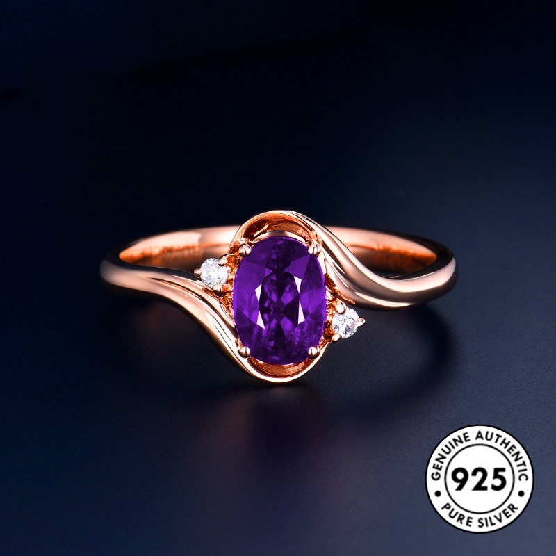 Cincin Sterling Silver 925 Dengan Batu Amethyst Warna Rose Gold Elegan Untuk Wanita