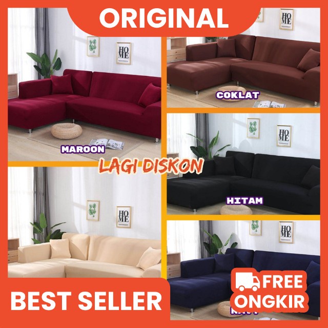 Sarung Sofa L Shape Polos Bahan Elastis High Quality Murah Berkualitas Gratis Sarban 2 Pcs