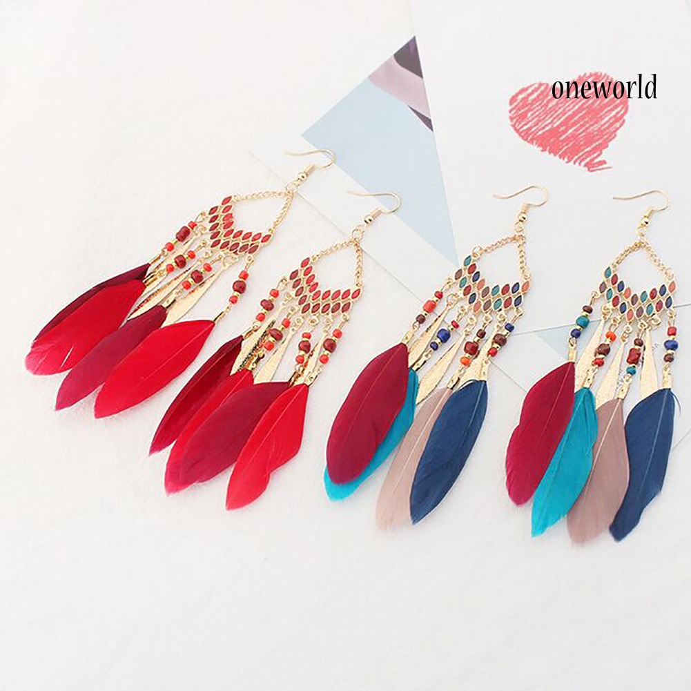 OW@ Vintage Long Dangle Feather Boho Hook Earrings Women Charming Jewelry Gift