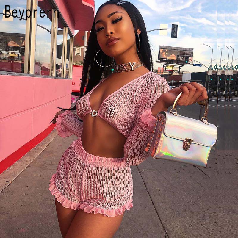 Beyprern Cute Ruffled Mesh Trim Pink Shorts Set Two Piece Women Boho Chiffon Crop Top And