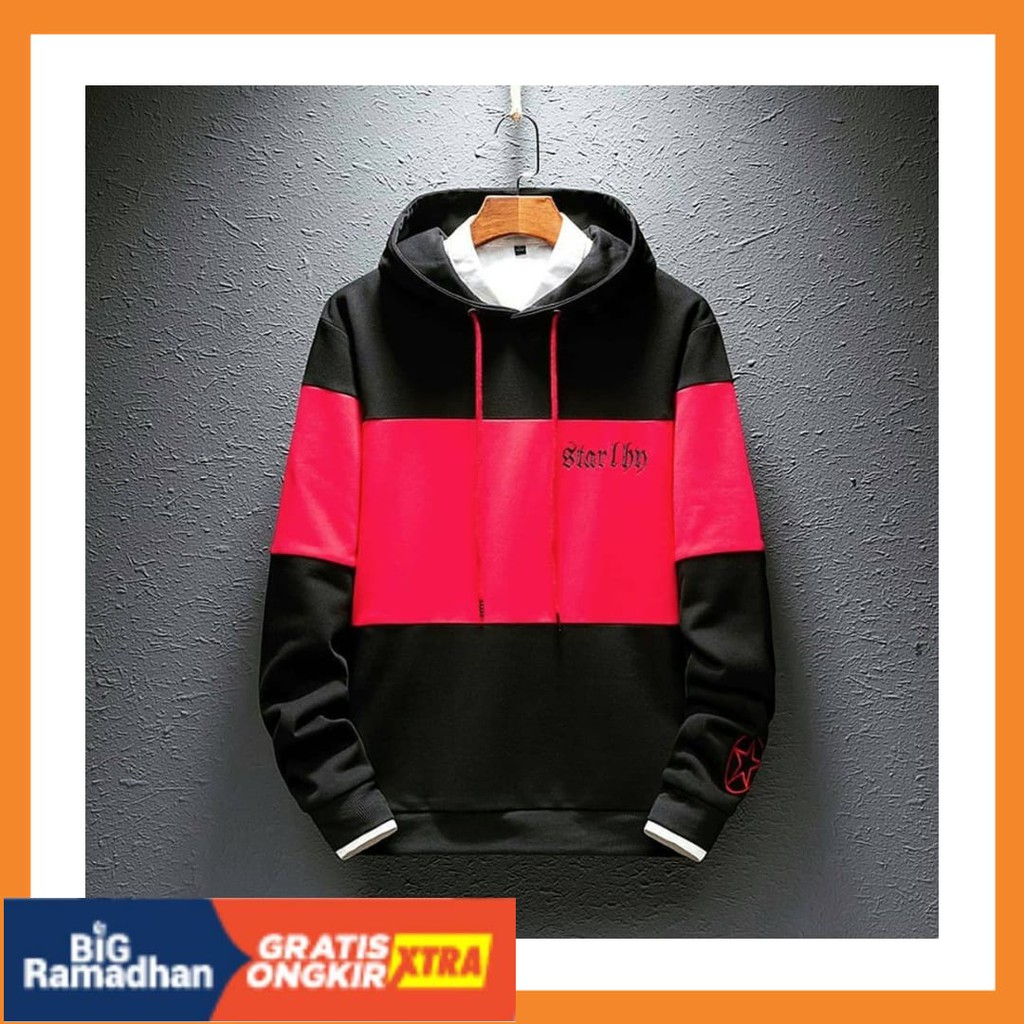 POLOS MOTIF MERAH PUTIH HITAM BIRU KUNING ASLI / Sweater Hoodie Pria STARBOY REGLAN Sweater Hodie