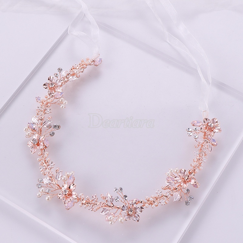 Bando Tiara Handmade Desain Bunga Rose Gold Hias Kristal Mutiara Untuk Pengantin Wanita