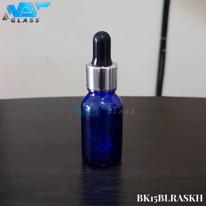 botol kaca pipet 15ml biru - ring almunium silver