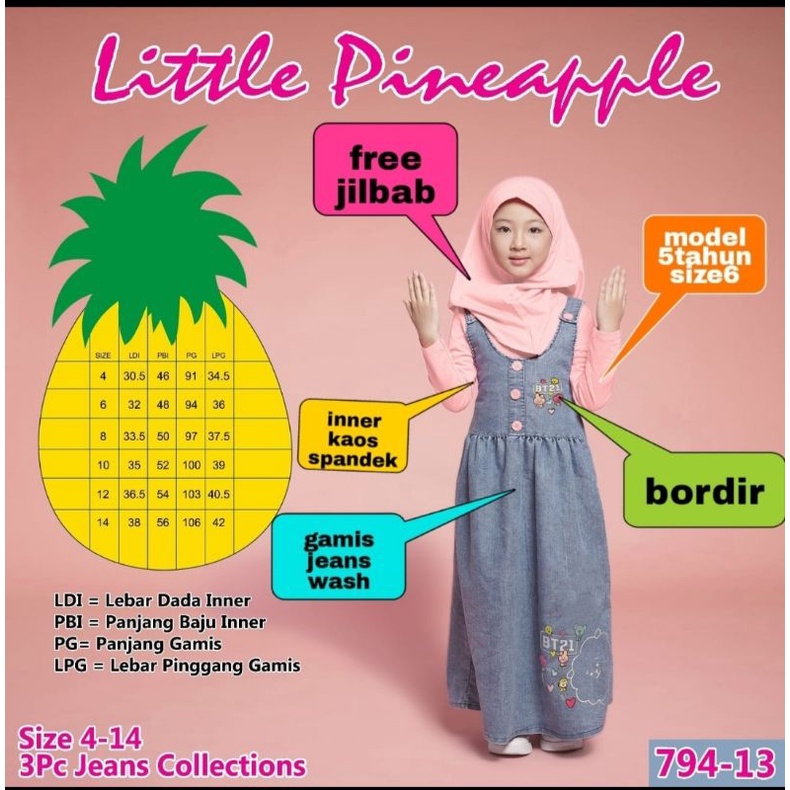 (LP.794-13) LITTLE PINEAPPLE OVERALL JEANS + INNER SALEM + JILBAB No.4-14