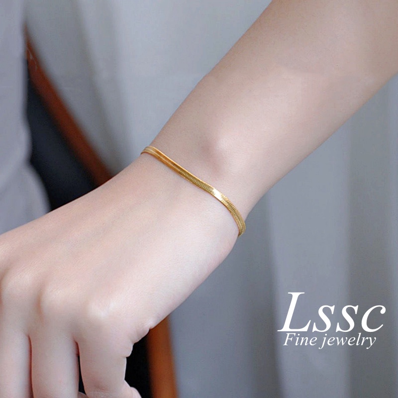 Gelang Titanium Wanita Anti Karat Anti Luntur Rantai Belut Simple Korea Emas 18K Aksesoris Perhiasan