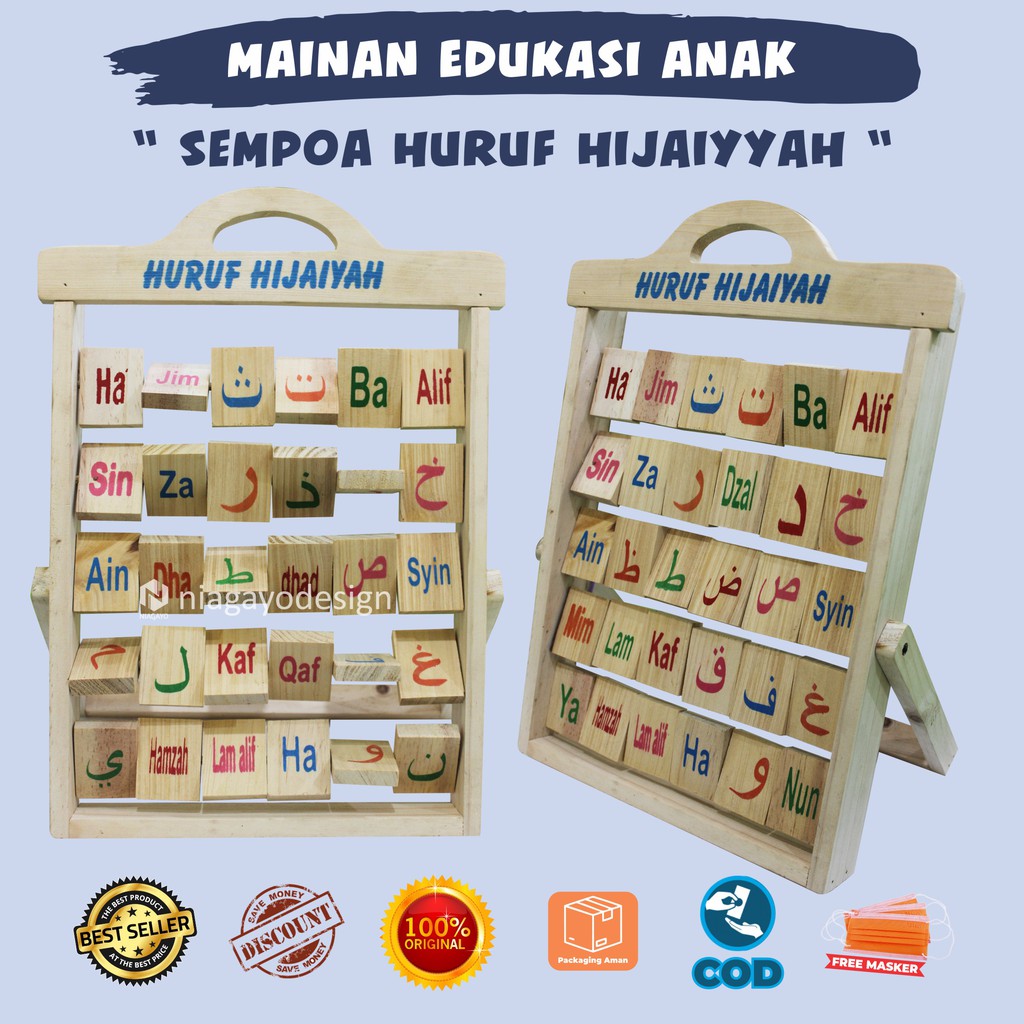 Mainan Edukasi Anak Balok kayu : Anak Sempoa Huruf Hijaiyah