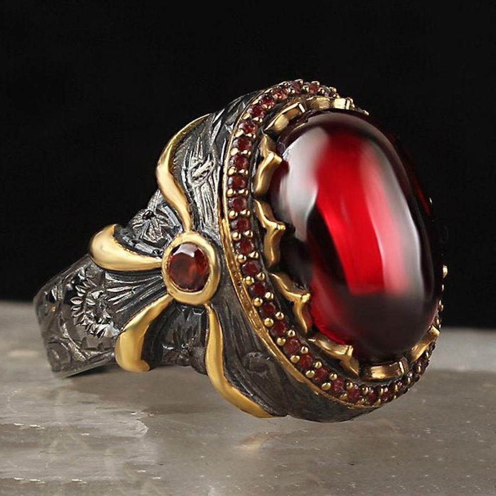 Rubi Berlian Cincin Baja Titanium Emas Hitam Busana Pria Gaya Vintage Kristal Merah Rings