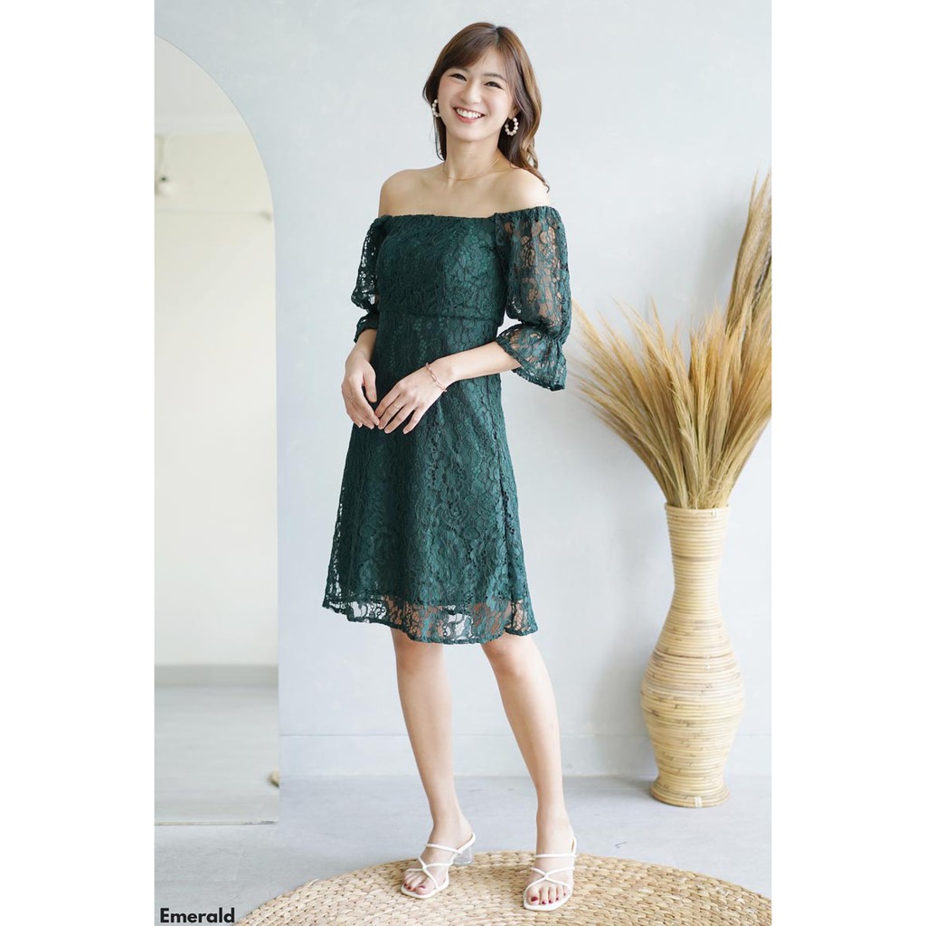 dress brukat midi lengan balon