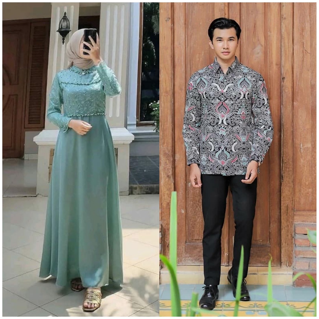 Batik Nafastore Sarimbit Batik Couple Keluarga Set Couple Gamis Alana Tulle Payet Premium