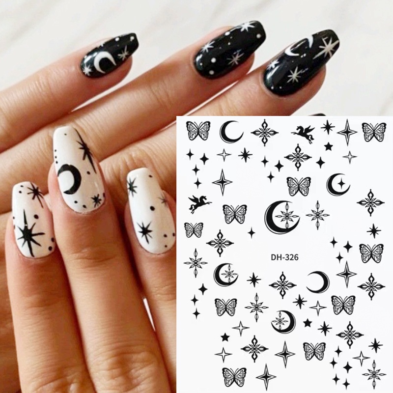 1 Lembar Stiker Kuku 3D Desain Pita Warna Hitam Putih Untuk Dekorasi Nail Art