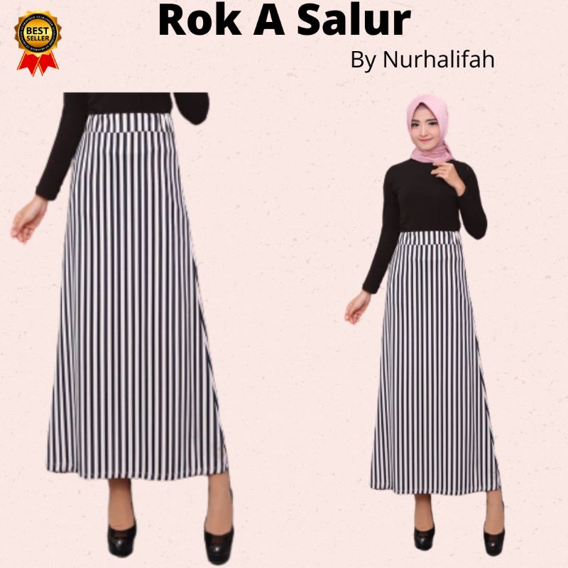 Rok A Panjang Motif Salur Wanita Muslim Scuba Premium