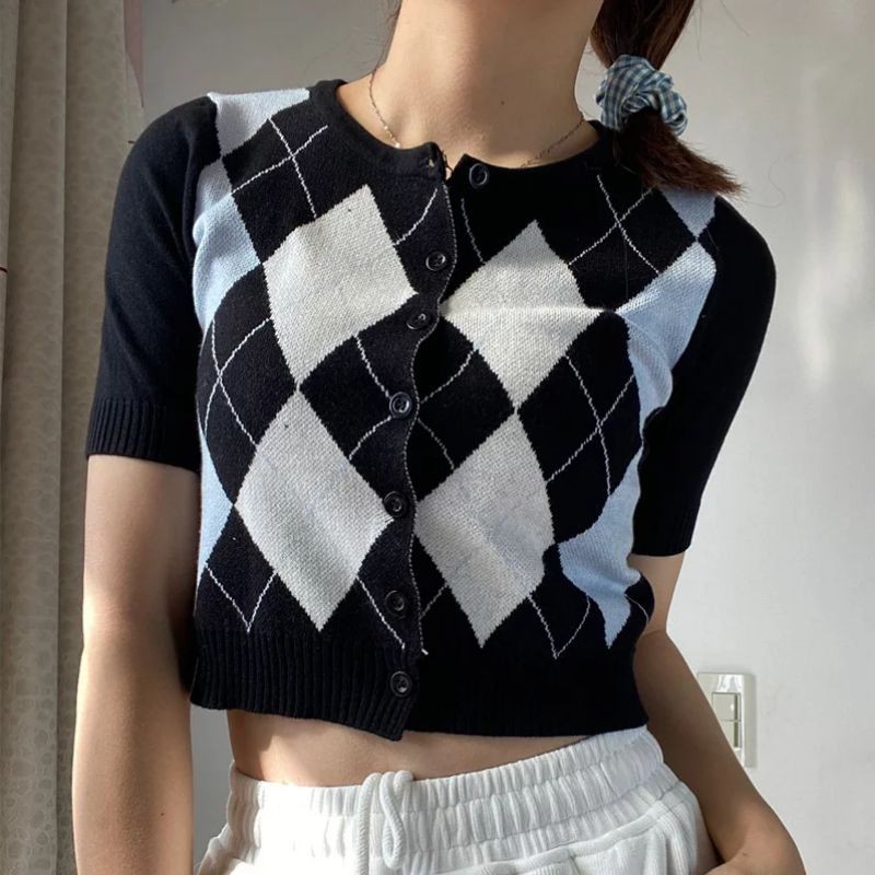 XIAOZHAINV Korean Style Atasan Top Kardigan Kotak-Kotak Sweater Rajut Wanita