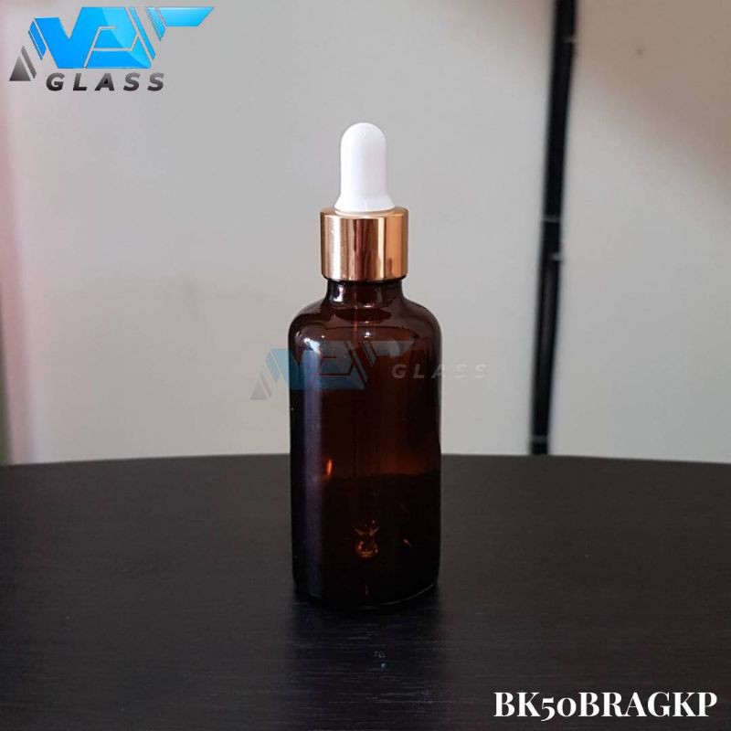 botol kaca pipet 50ml coklat / amber / botol tetes 50ml - ring almunium gold