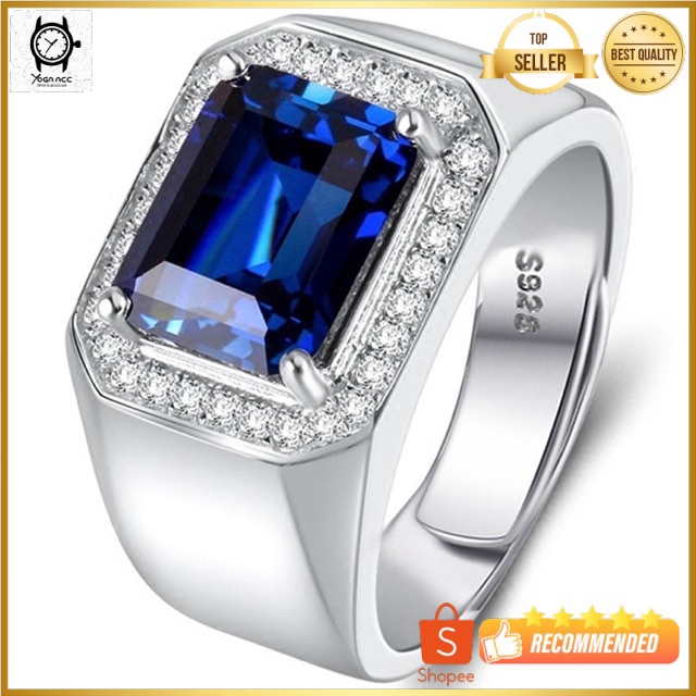 Cincin Perak Pria Sterling Silver 925 Batu Blue Safir Cubic Zirconia Size Bisa Diubah-ubah / Resize