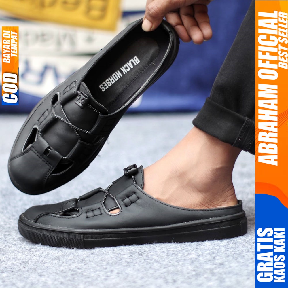 ABRAHAM FIXXI Sepatu Sandal Bustong Tutong Kulit Pria Hitam