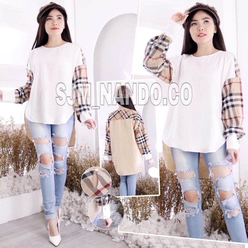 Nando atasan blouse wanita kombinasi salur kotak bahan katun import fit L XL n XxL 697-2