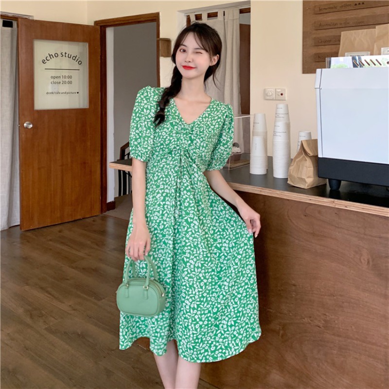 pakaian wanita korea COD 2022 New Fashion Korean Style daster kerut dada Black Blue Green Floral Short Sleeve Drawstring V Neck Midi dress wanita 2023 korea biru for Women Summer A-Line Casual tunik Dresses