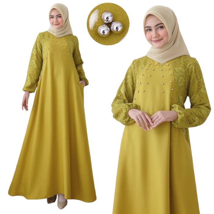 model gamis terbaru 2022 kekinian/gamis Maxi Brukat tulang gliter ori - Hijau lime