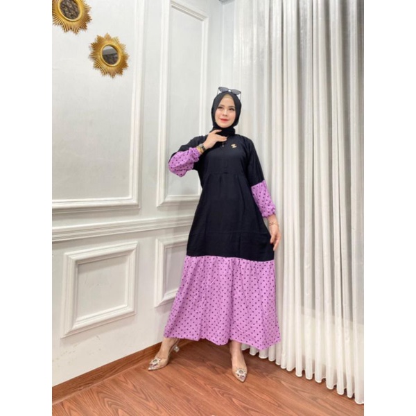 GAMIS RAYON POLOS KOMBINASI POLKADOT / LONGDRESS RAYON MODRL KEKINIAN