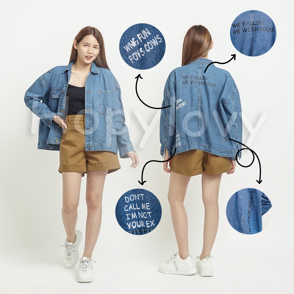 Jaket Jeans Wanita | jaket Jeans Oversize | Pocket Printing Denim Jacket Izzi - HOPYLOVY