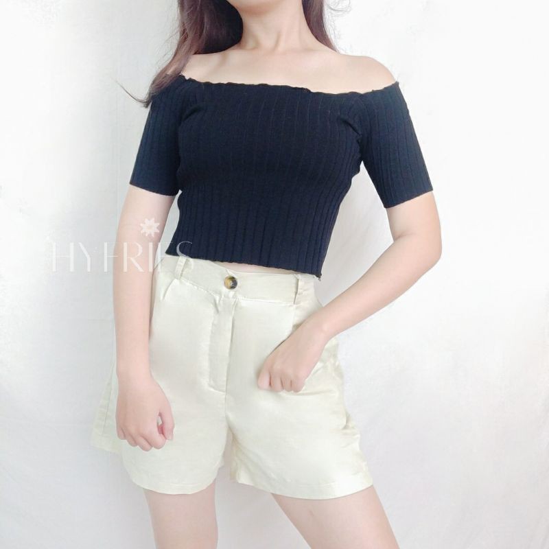 HYERIES Emma Top Atasan Wanita Korea Knit Crop Top Off Shoulder Top Baju Sabrina Rajut Square Neck