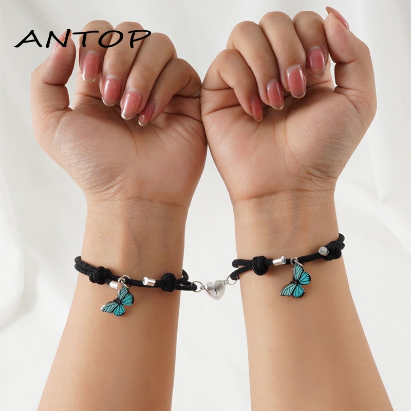 2Pcs Fashion Gelang Pasangan Magnetik Kupu-kupu Warna Tenunan Aksesoris Unisex ANTOP