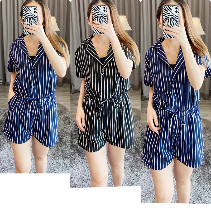 real pic jumpsuit pendek wanita / jumpsuit salur ( K1269 )