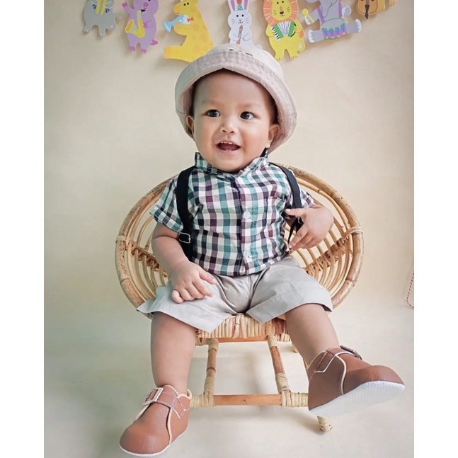 setelan kemeja anak celana chino lengan pendek ANCHOR CHECKER shirt suspender set 1-3 tahun anak laki laki baby balita cowok baju pergi adem