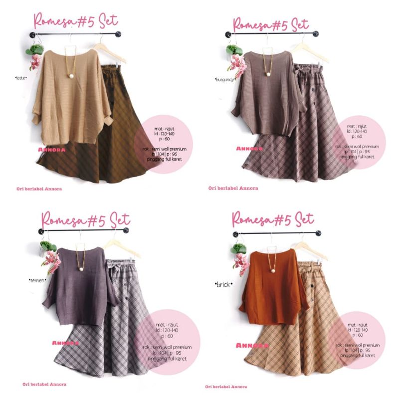 ROMESA SET KNIT - SETELAN KAOS RAJUT - JUMBO - SETELAN ROK SEMI WOOL WOLL - ROK KOTAK-KOTAK