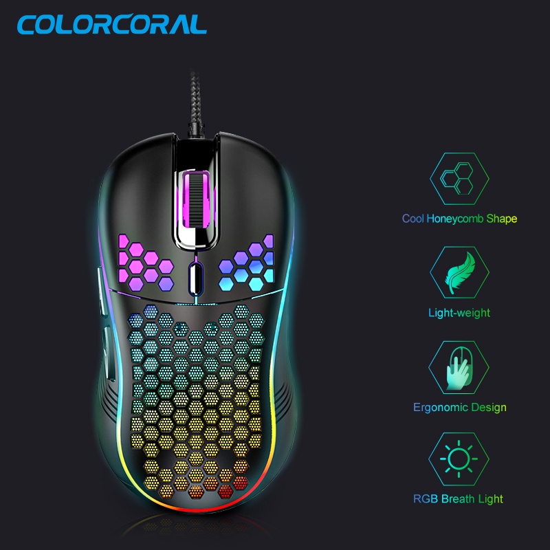 ColorCoral Mouse Gaming Wired RGB Original Honey Comb Breath Lighting LED 7200DPI Lightweight Design Fine Texture