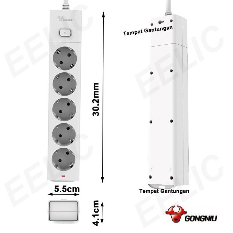 EELIC 2500W 1.5M Kabel-GONGNIU Stop Kontak-5L Colokan-ON-OFF Saklar STK-G1050-15