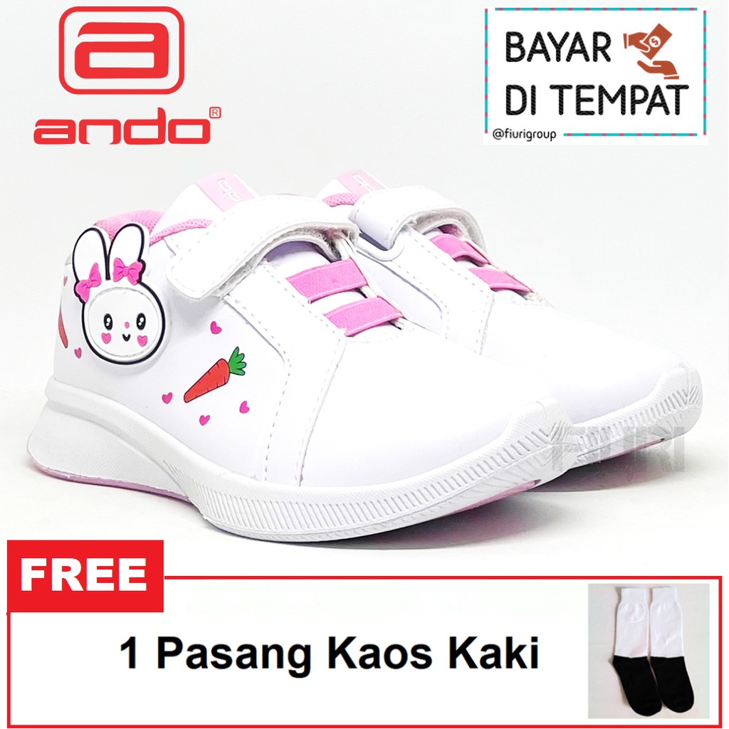 FIURI - ANDO ORIGINAL - CUTE BUNNY PEREKAT 29-32 PUTIH PINK - SEPATU SNEAKERS KANVAS SOL KARET ANAK KECIL PEREMPUAN  - SEPATU KELINCI KETS LUCU FASHION TRENDY - SEPATU SEKOLAH PAUD TK KRETEKAN PEREKAT CEWEK MURAH PROMO DISKON BONUS KAOS KAKI