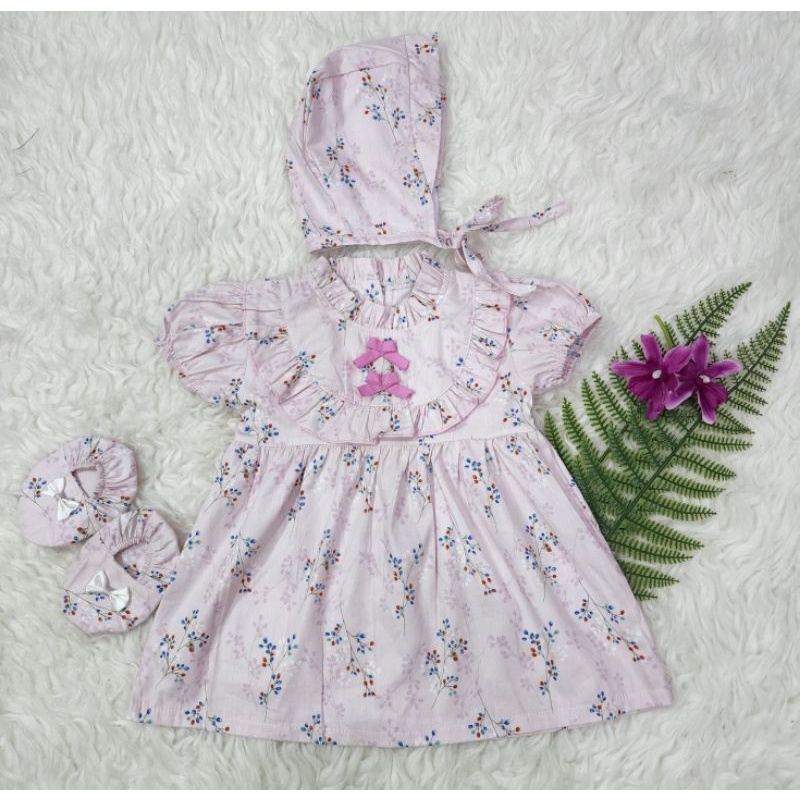 Baju bayi perempuan dress kumplit Topi &amp; sepatu baby