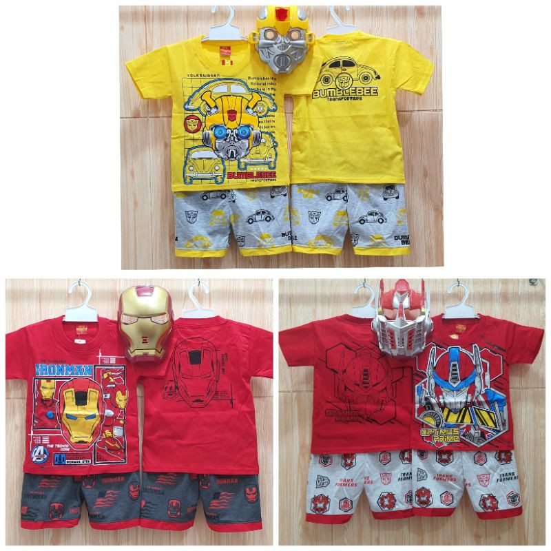 SETELAN LENGAN PENDEK TRANSFORMERS IRON MAN BUMBLEEBEE TAMBAH TOPENG TERLARIS