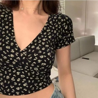 DF BJ091 Baju Wanita Motif Bunga Crop Top Atasan Korean Sexy Lengan Pendek