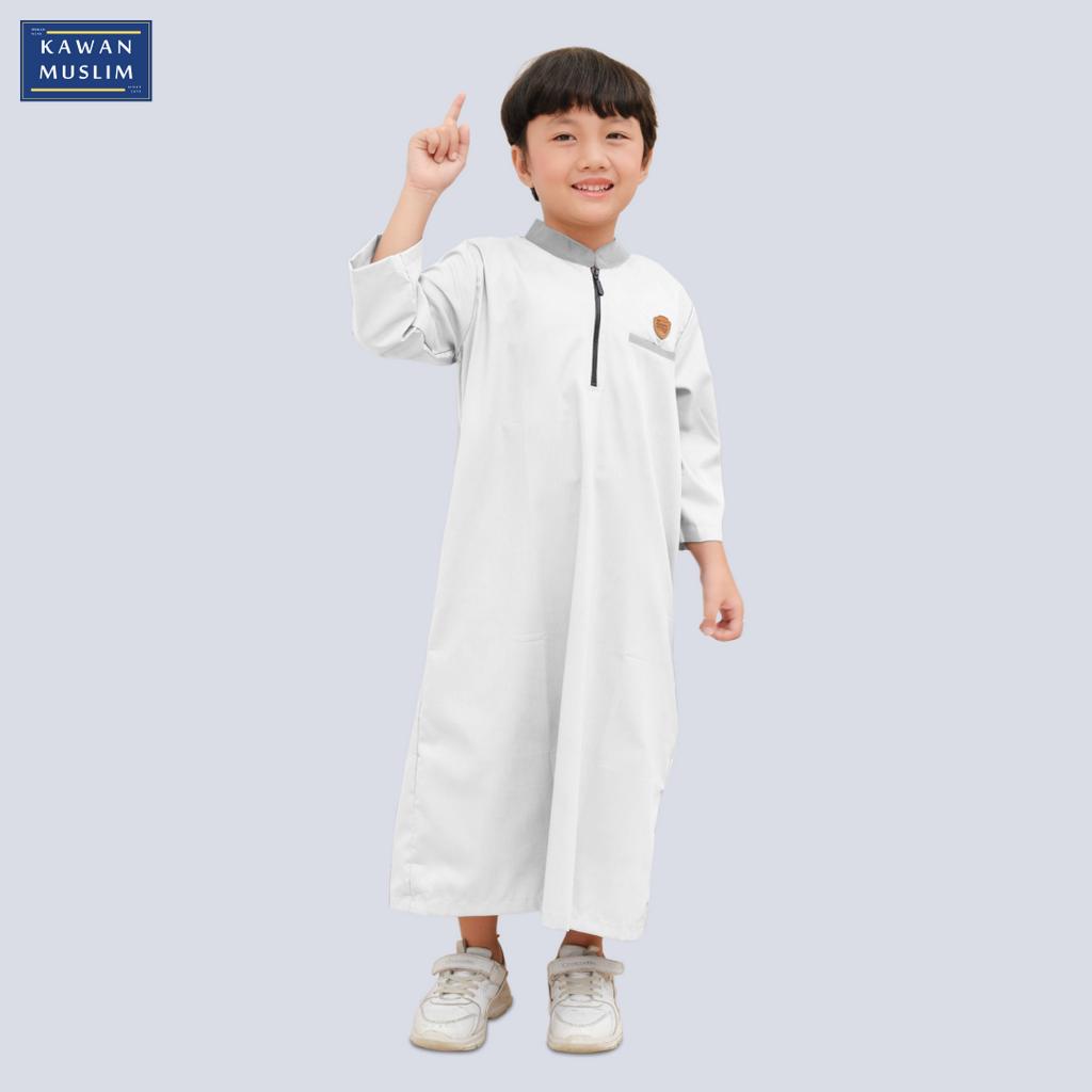 Kawan Muslim - Jubah Gamis Anak Laki Laki Lengan Panjang Bahan Katun Premiun Usia 1 Sampai 14 Tahun Navy Hitam Putih Abu-PUTIH