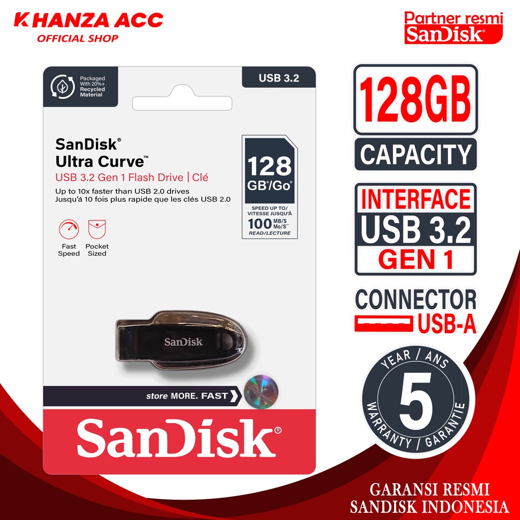 KHANZAACC SANDISK Ultra Curve Flashdisk 32GB / 64GB / 128GB USB 3.2 100MBps CZ550 Original