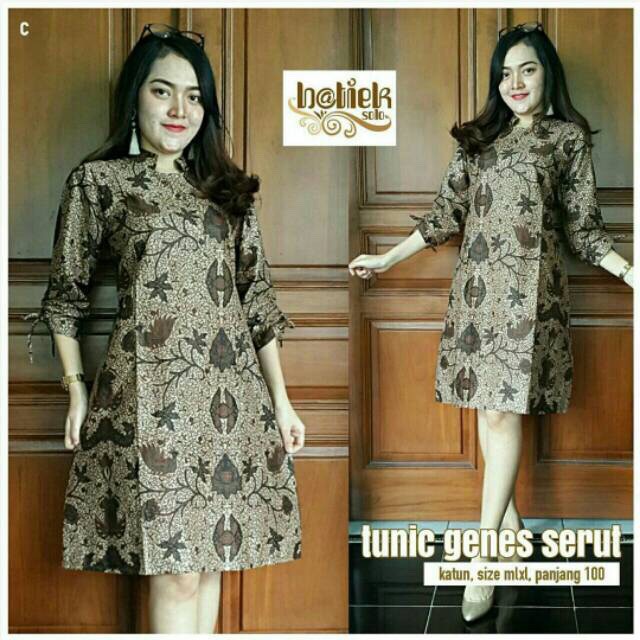 Tunik Genes Serut Dress Batik Sogan Modern Long Dress Seragam Kantor Pesta Muslim