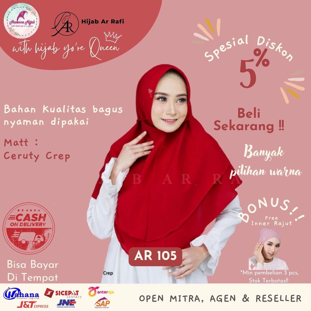 Arrafi Hijab Terbaru AR 105 Bergo Tali Ceruty Crep Dua Layer