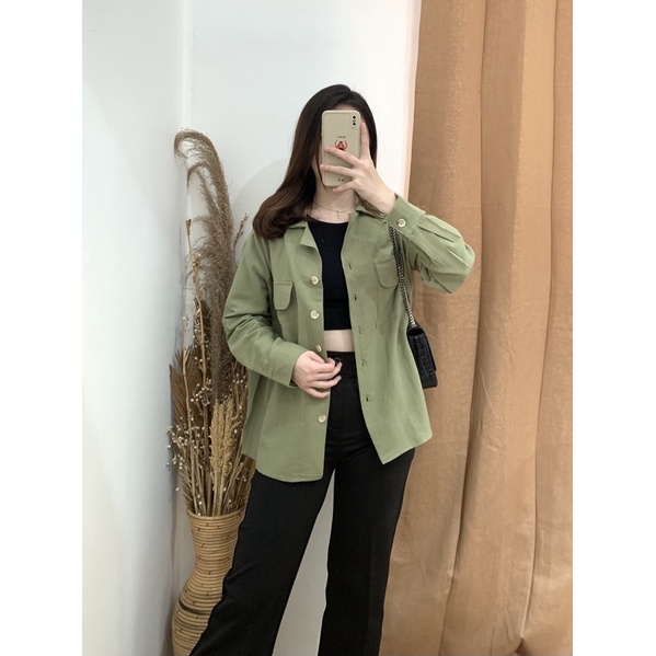 Misty Long Shirt - PLENARIO ID | Kemeja wanita - Oversize - Bahan linen - atasan wanita - shirt kemeja - COD-Olive