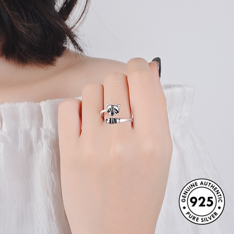 Cincin Sterling Silver 925 Desain Rakun Lucu Kreatif Untuk Wanita