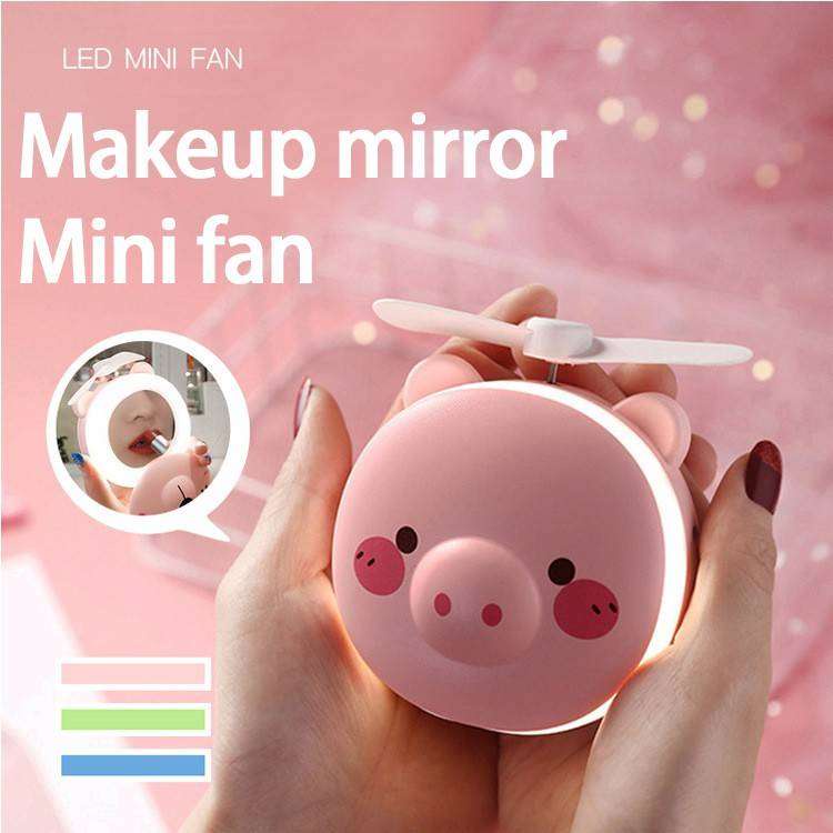 [COD] MIAO Kipas Angin Mini Portable 3in1 Cermin Rias Mini + Kipas + Lampu USB dengan Karakter Lucu l Biru &amp; Pink